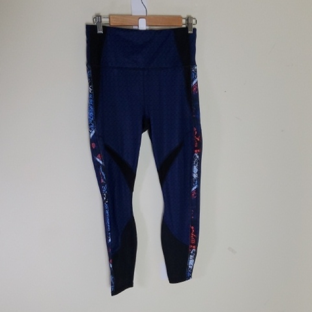 Athleta Navy and Black Leggings with Red and White Accents Size M